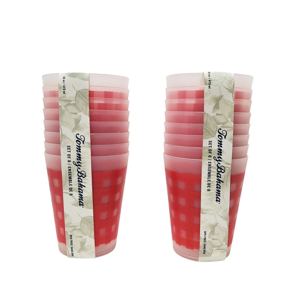 Outdoor Tumbler Cups TOMMY BAHAMA Red Gingham Picnic Plaid 16oz Lot x2 Set of 8